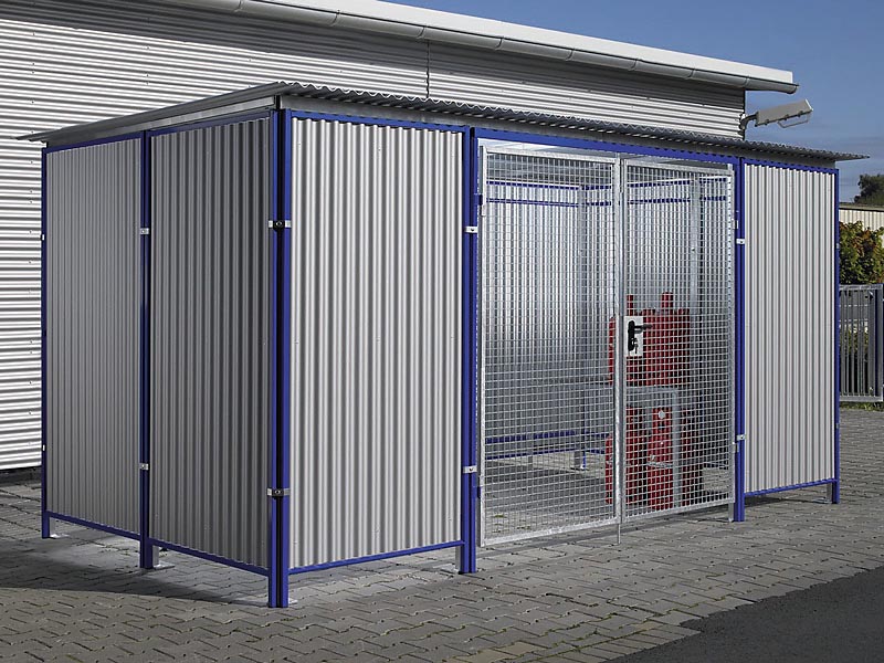 Gittercontainer Universalbox | H 2300 x T 2500 x L 2500 mm | Rückwand aus Alublech | feuerverzinkt/color RAL 5002 blau