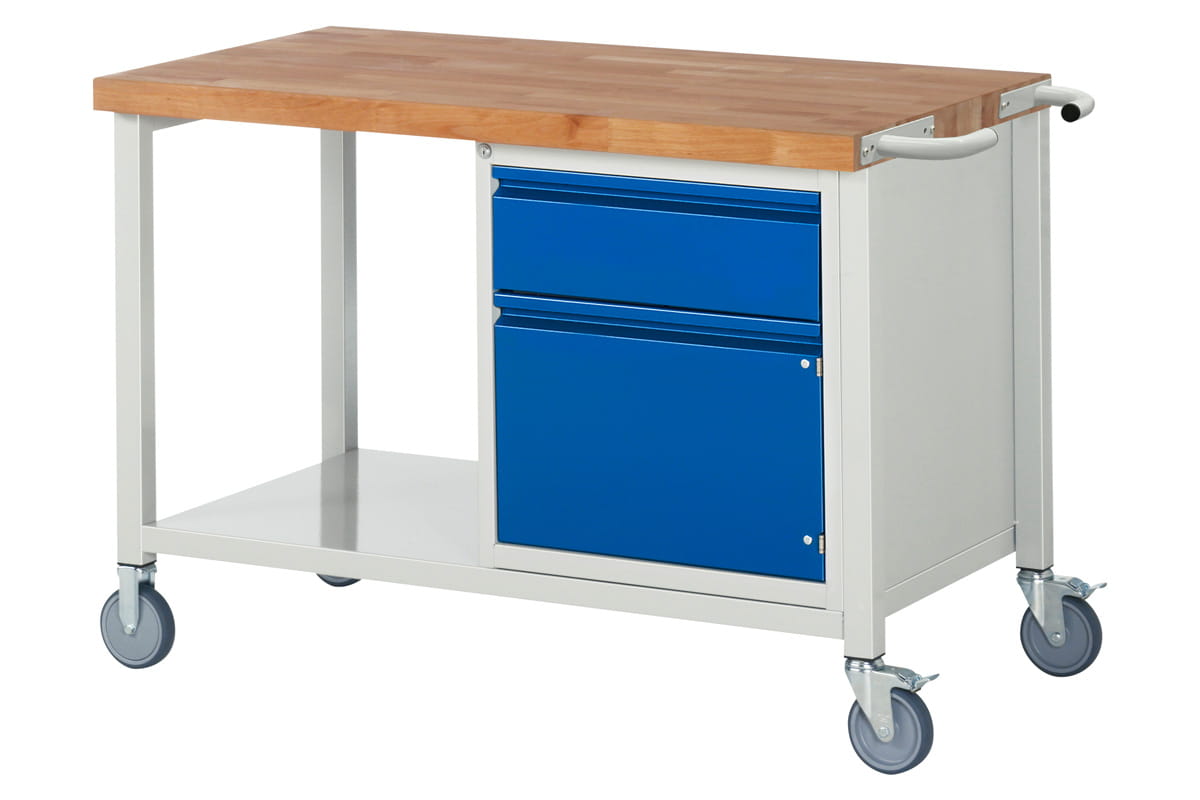 Werkbank mit Rollen | H 880 x T 700 x B 1250 mm | mit 1 Tür + 1 Schublade H 180 mm