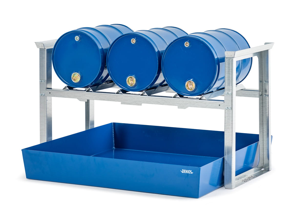 Fassregale | H 837 x T 1210 x L 1429 mm | für 3 Fässer à 60 l | Auffangwanne lackiert | stapelbar