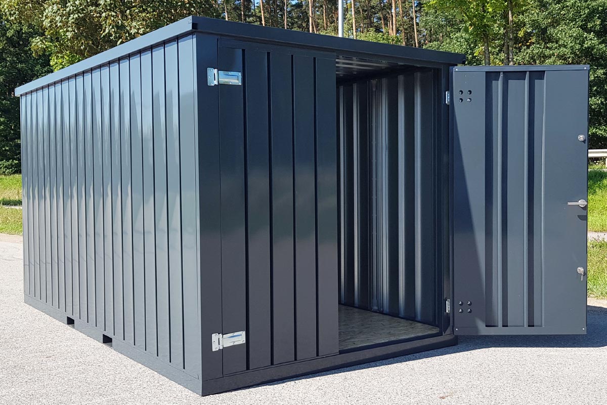 Materialcontainer MC3 lackiert RAL 7016 Anthrazitgrau | H 2088 x B 2142 x T 2950 mm | Tür stirnseitig zweiflügelig
