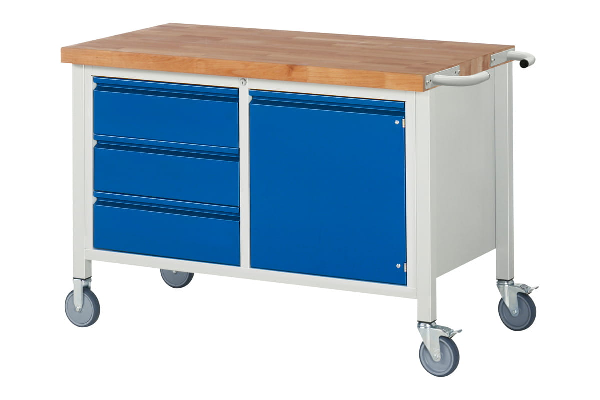 Werkbank mit Rollen | H 880 x T 700 x B 1250 mm | mit 1 Tür + 3 Schubladen H 180 mm