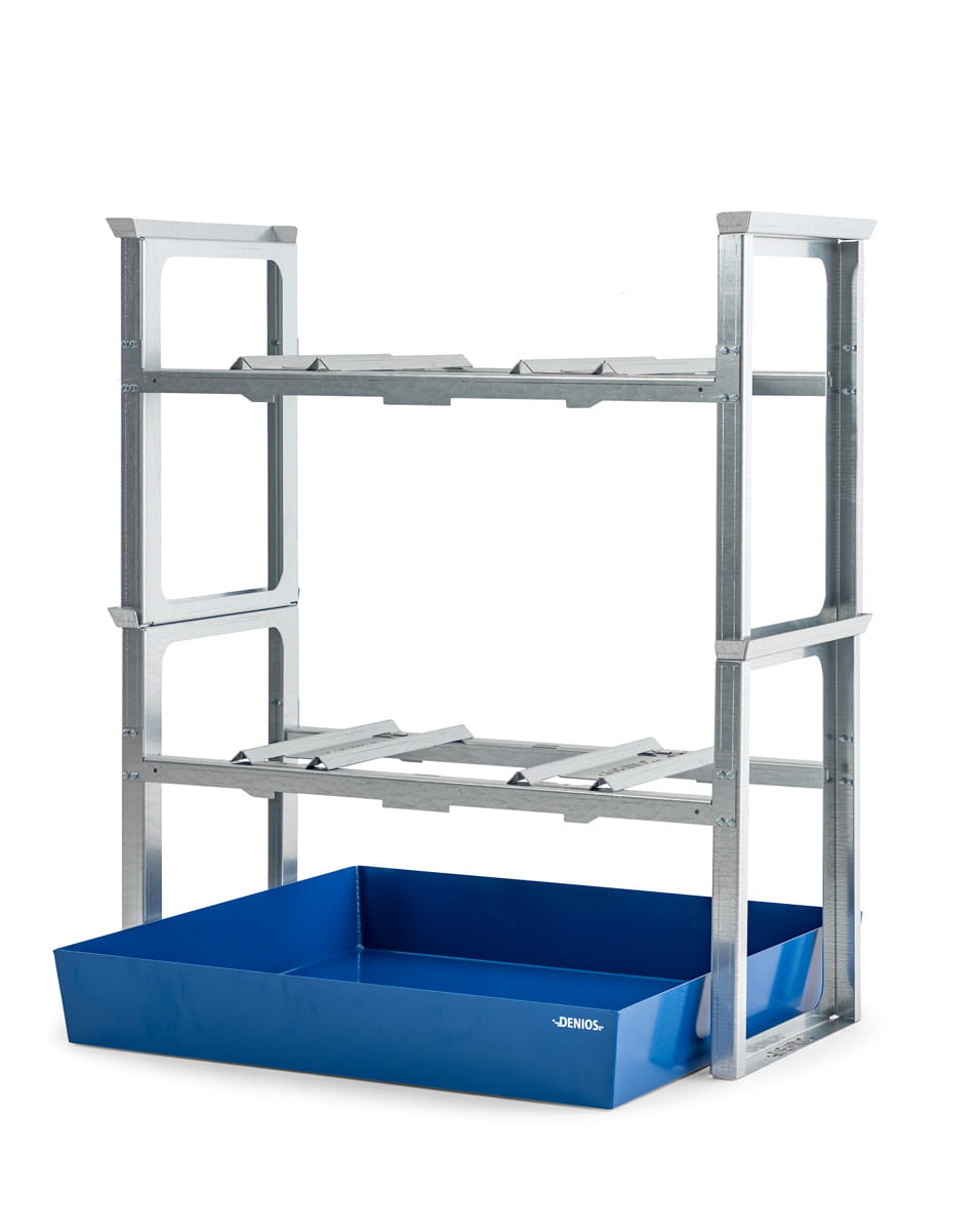 Fassregale | H 1637 x T 1210 x L 1429 mm | für 4 Fässer à 200 l | Auffangwanne lackiert | stapelbar