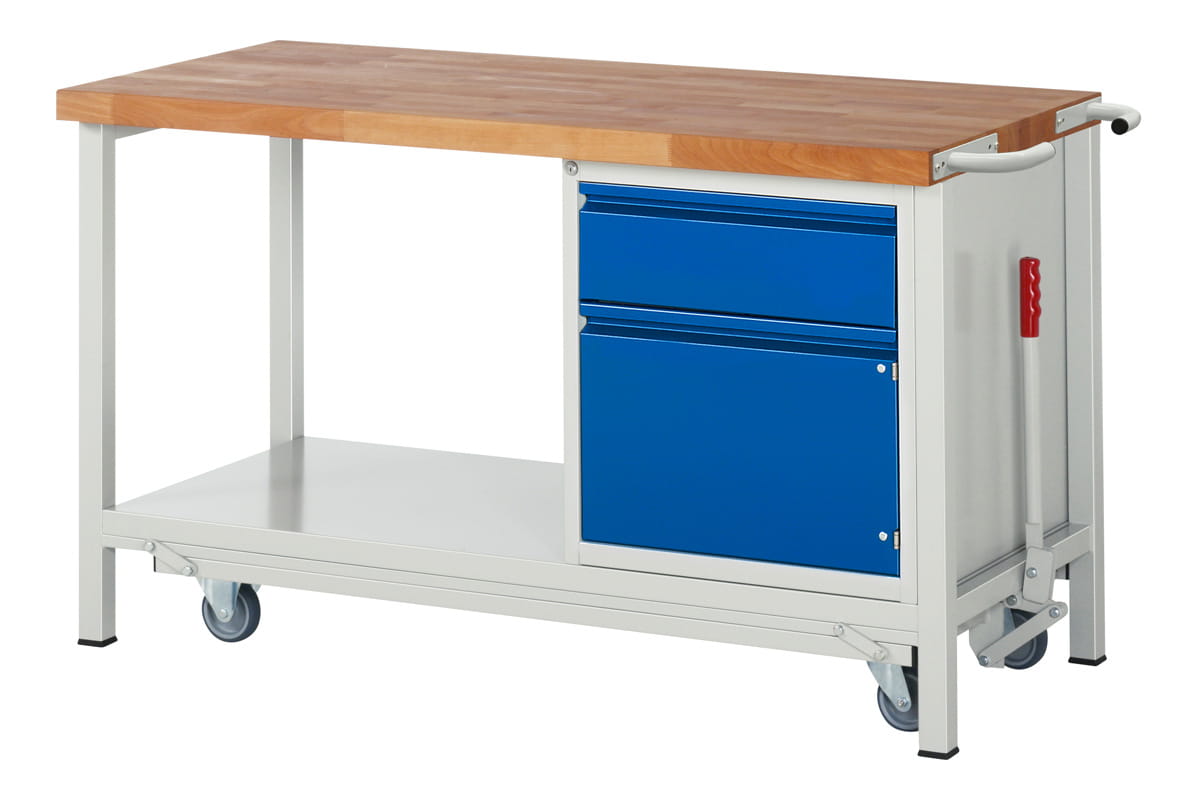 Werkbank mit absenkbarem Fahrgestell | H 880 x T 700 x B 1500 mm | mit 1 Tür + 1 Schublade H 180 mm