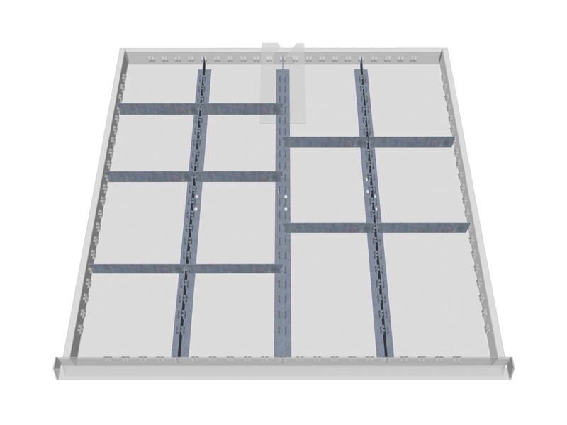 Schubladeneinsatz für Werkstattschrank | Metallteiler | für Innenmaß 600 x 600 mm | Fronthöhen 100 + 125 mm | 14 Fächer