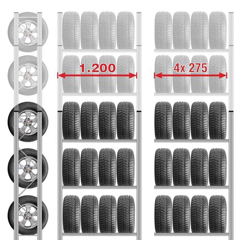 Reifenregal UNIRACK | Anbauregal | H 3000 x T 400 x L 1200 mm | 4 Ebenen | Fachlast 200 kg | für 16 Räder