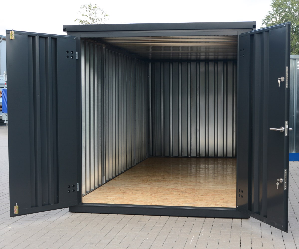 Materialcontainer MC4 lackiert RAL 7021 Schwarzgrau | H 2090 x B 2142 x T 3882 mm | Tür stirnseitig zweiflügelig