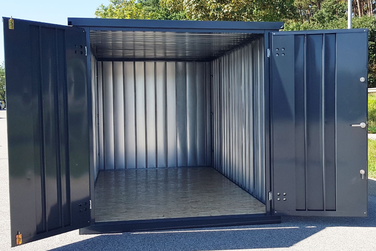 Materialcontainer MC5 lackiert RAL 7016 Anthrazitgrau | H 2090 x B 2142 x T 4882 mm | Tür stirnseitig zweiflügelig