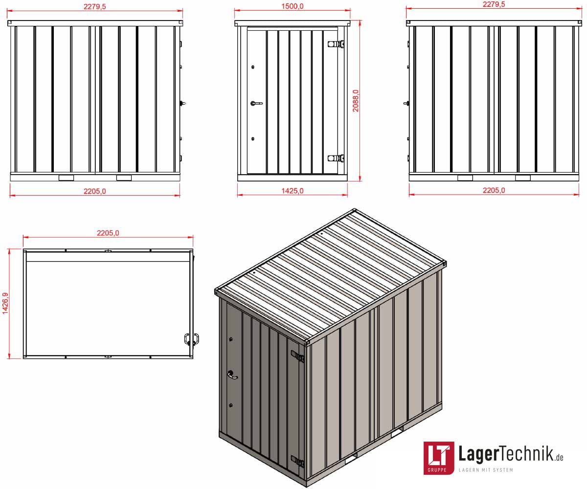 Materialcontainer MC1 lackiert RAL 7021 Schwarzgrau | H 2090 x B 1500 x T 2280 mm | Tür stirnseitig einflügelig
