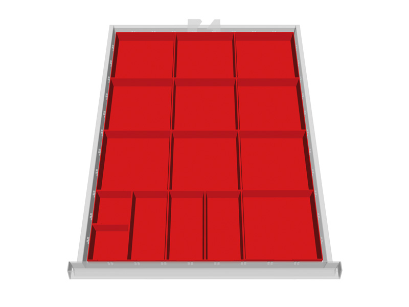 Schubladeneinsatz für Werkstattschrank | Kleinteilekästen | für Innenmaß 450 x 600 mm | Fronthöhe 100 mm | 15 Kästen