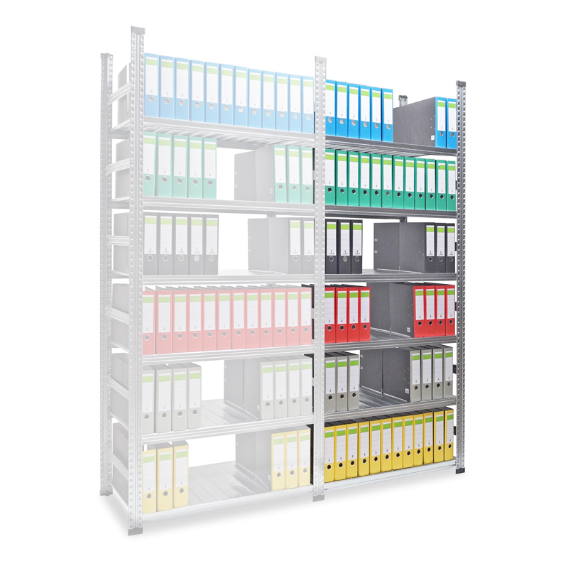 Archivregal Aktenregal SUPER | Anbauregal | H 2200 x T 600 x L 600 mm | für 72 Ordner | 6 Fachböden | doppels. | verzinkt
