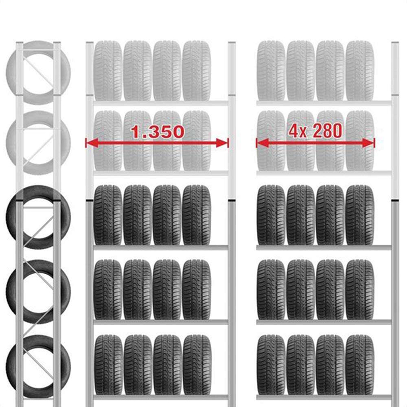 Reifenregal UNIRACK | Anbauregal | H 3000 x T 400 x L 1350 mm | 4 Ebenen | Fachlast 200 kg | für 16 Räder