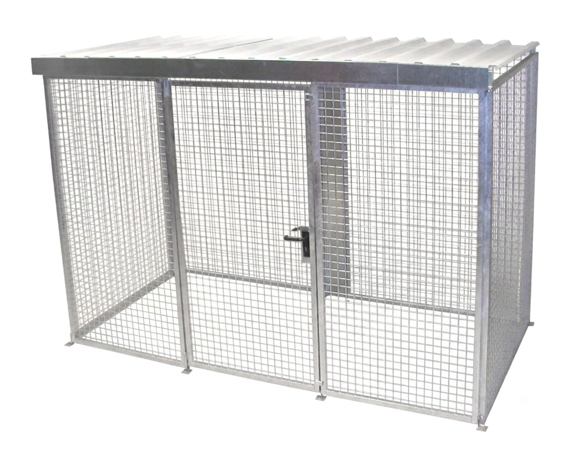 Gasflaschencontainer | Gittercontainer | H 2190 x B 1500 x L 3100 mm | mit Dach | Flügeltor | feuerverzinkt | für 72 Gasflaschen