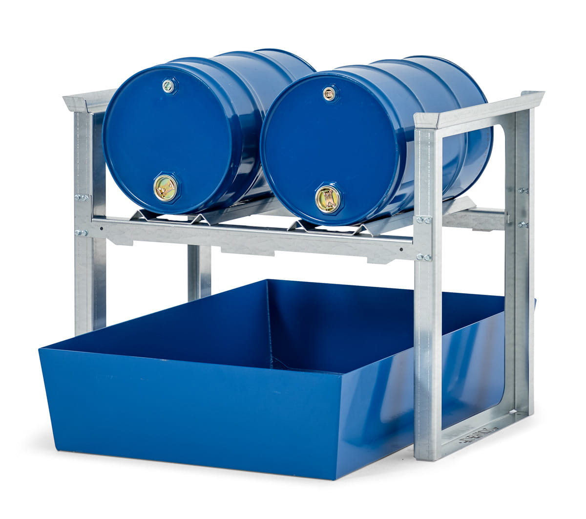 Fassregale | H 837 x T 1236 x L 1049 mm | für 2 Fässer à 60 l | Auffangwanne lackiert | stapelbar