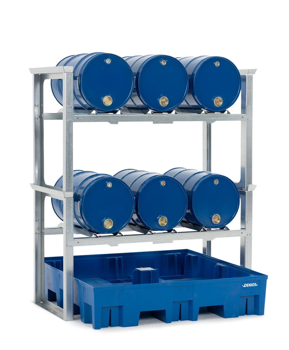 Fassregale | H 1637 x T 1235 x L 1429 mm | für 6 Fässer à 60 l | Auffangwanne Kunststoff | stapelbar