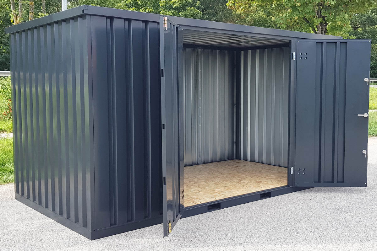 Materialcontainer MC3 lackiert RAL 7021 Schwarzgrau | H 2090 x B 2142 x T 2950 mm | Tür längsseitig zweiflügelig