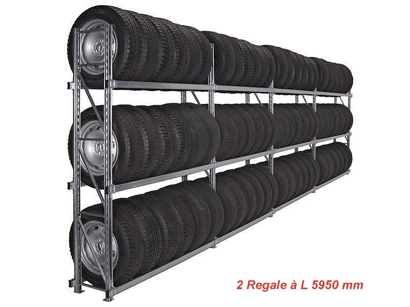 Reifenregal GENIUS | Komplettregal für Reifencontainer RC20 | 2x H 2000 x T 400 x L 5950 mm | 3 Ebenen | Fachlast 300 kg | für 144 Räder