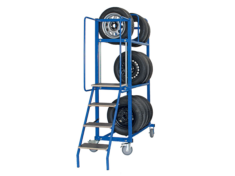 Reifenwagen Werkstattwagen | mit Treppe | H 2000 x T 610 x L 1700/2100 mm | 3 Ebenen | für 15 Räder
