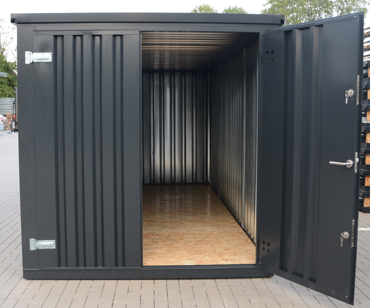 Materialcontainer MC4 lackiert RAL 7021 Schwarzgrau | H 2090 x B 2142 x T 3882 mm | Tür stirnseitig zweiflügelig