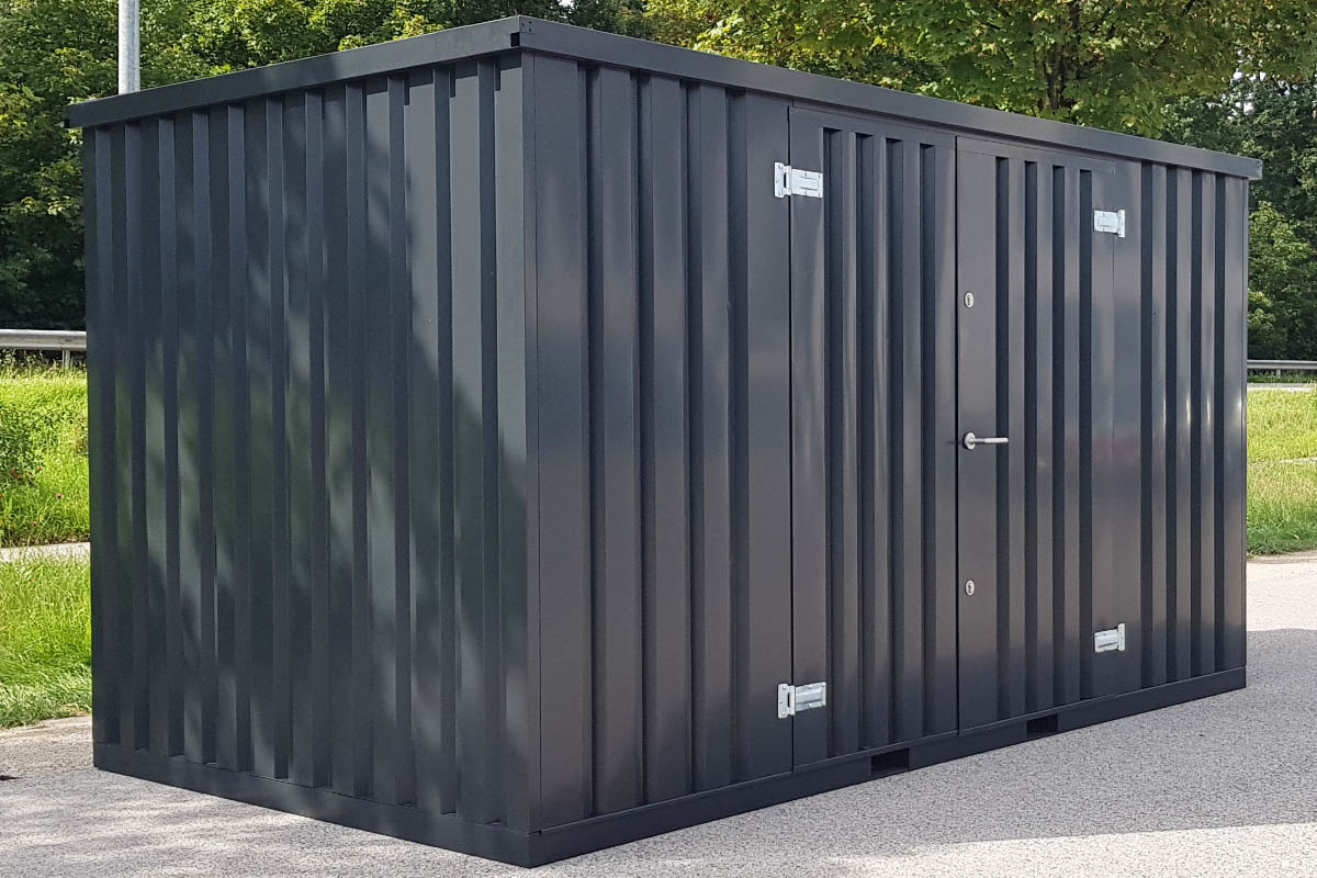 Materialcontainer MC3 lackiert RAL 7021 Schwarzgrau | H 2090 x B 2142 x T 2950 mm | Tür längsseitig zweiflügelig