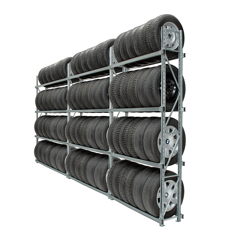 Reifenregal GENIUS | Komplettregal | H 2500 x T 400 x L 4500 mm | 4 Ebenen | Fachlast 300 kg | für 72 Räder