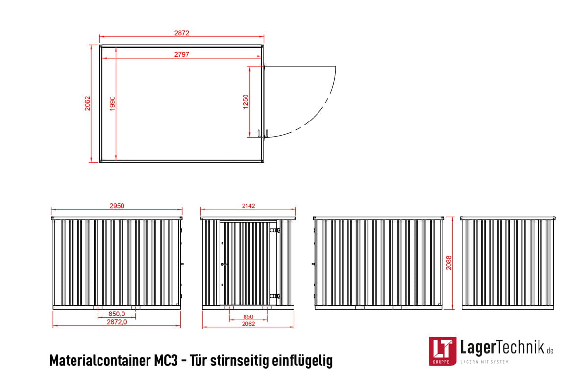 Materialcontainer MC3 lackiert RAL 7021 Schwarzgrau | H 2090 x B 2142 x T 2950 mm | Tür stirnseitig einflügelig