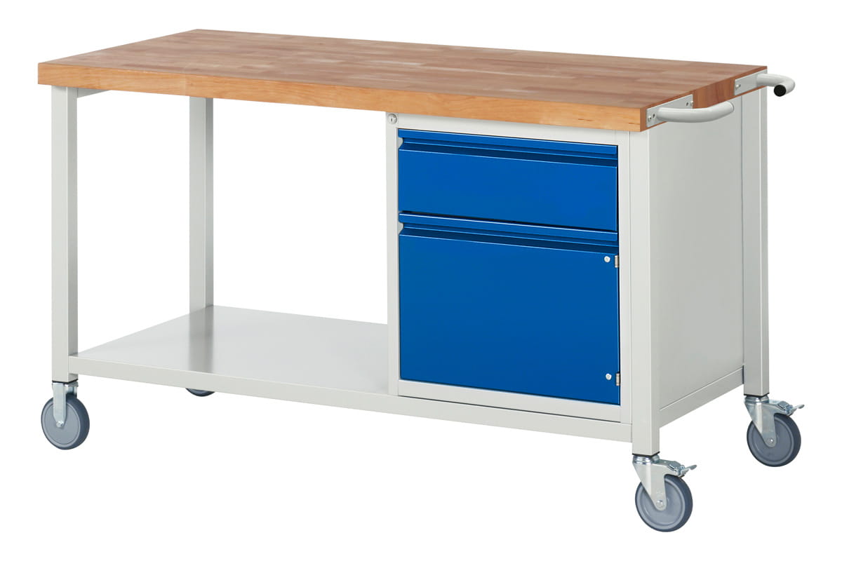 Werkbank mit Rollen | H 880 x T 700 x B 1500 mm | mit 1 Tür + 1 Schublade H 180 mm