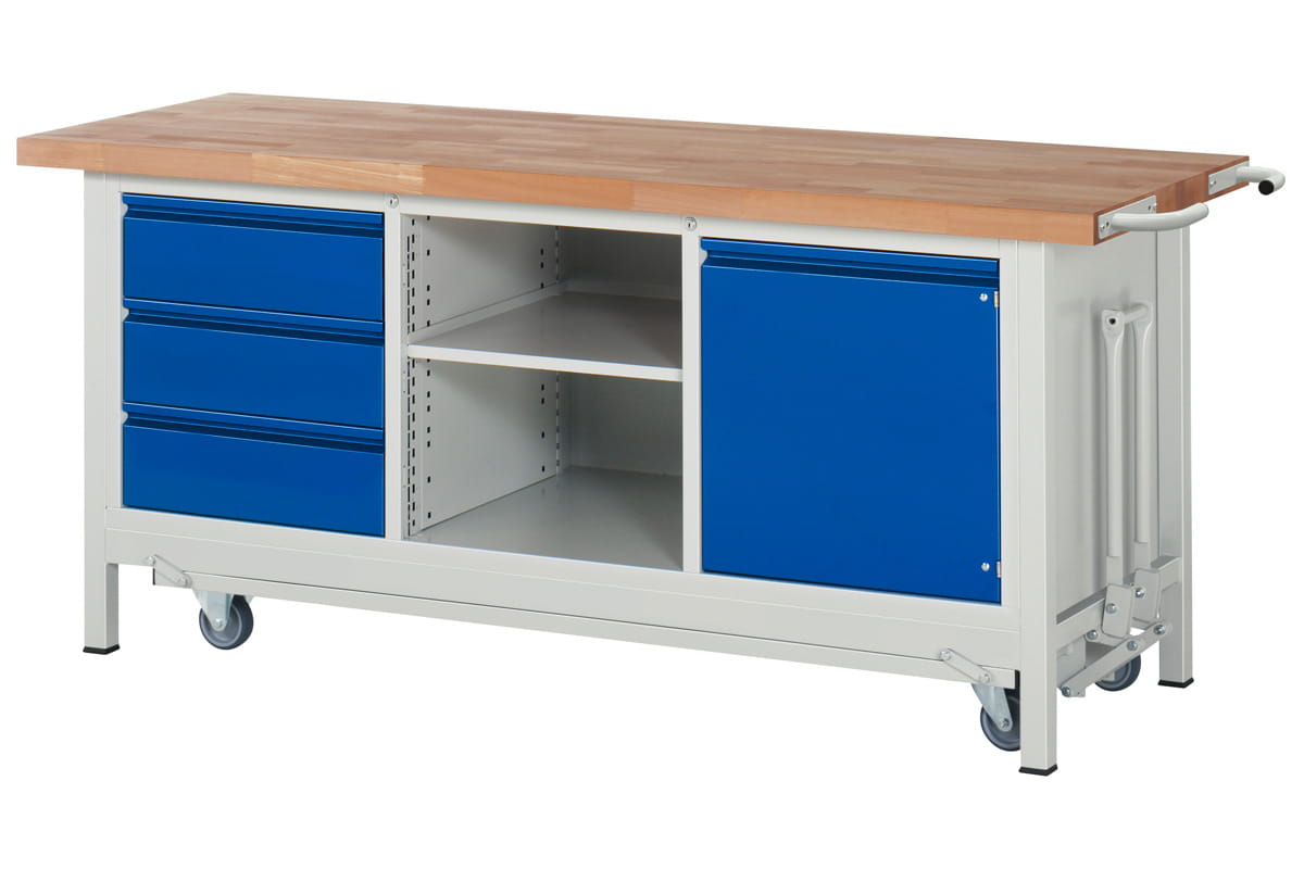 Werkbank absenkbar | H 880 x T 700 x B 2000 mm | mit 1 Tür, Ablageboden, 3 Schubladen H 180 mm
