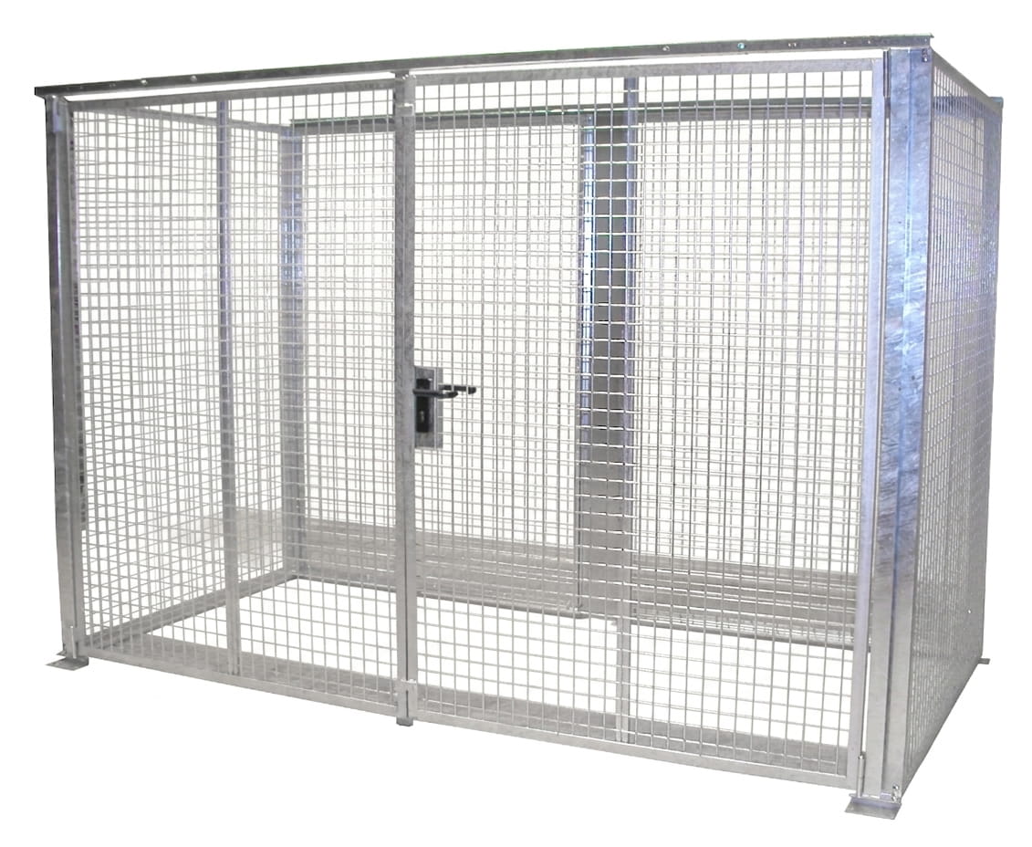 Gasflaschencontainer | Gittercontainer | H 2100 x B 1500 x L 3100 mm | ohne Dach | Doppelflügeltor | feuerverzinkt | für 72 Gasflaschen