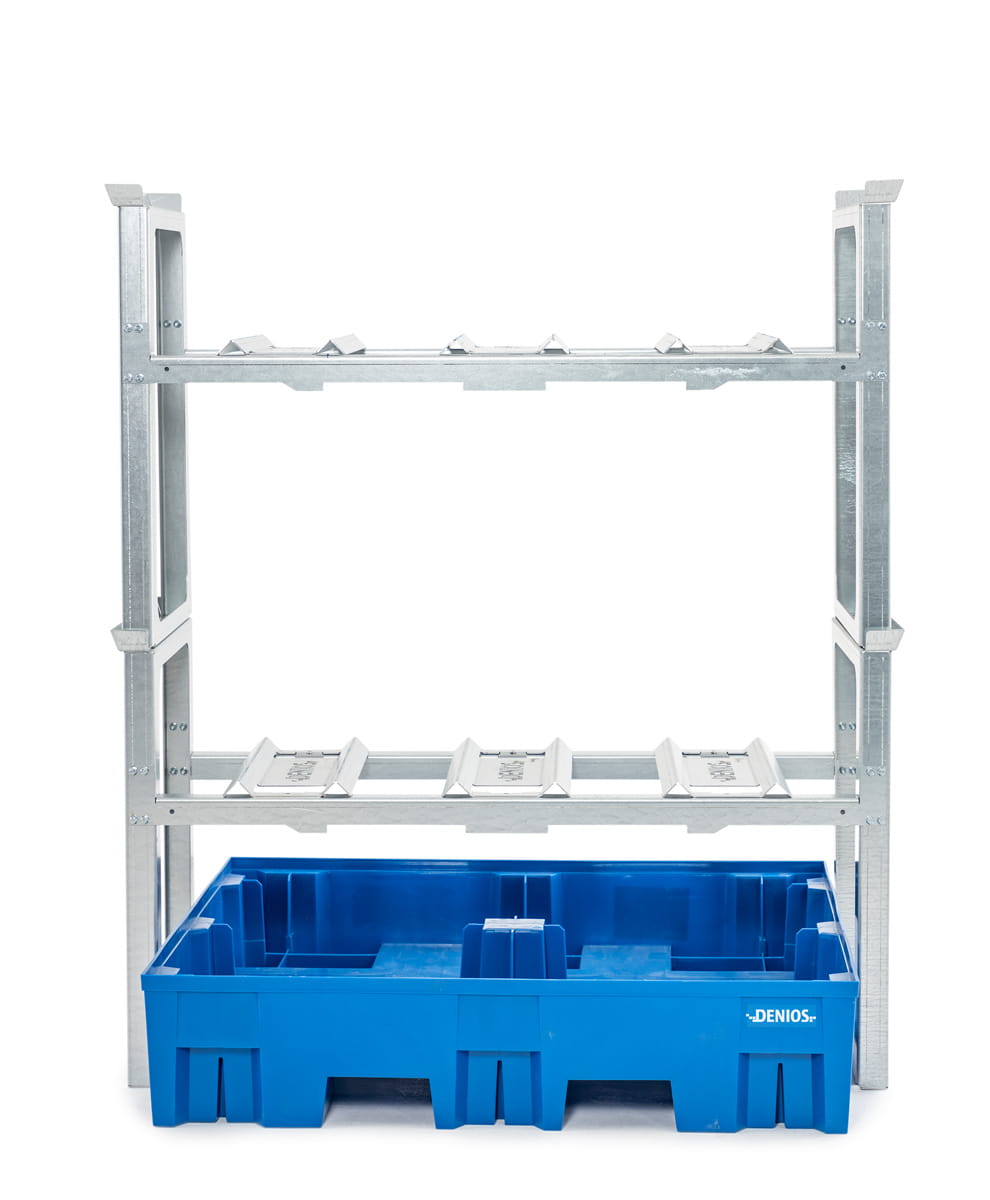 Fassregale | H 1637 x T 1235 x L 1429 mm | für 6 Fässer à 60 l | Auffangwanne Kunststoff | stapelbar