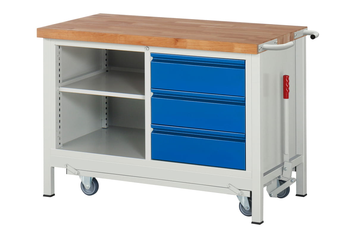 Werkbank absenkbar | H 880 x T 700 x B 1250 mm | mit 3 Schubladen H 180 mm, 1 Ablageboden