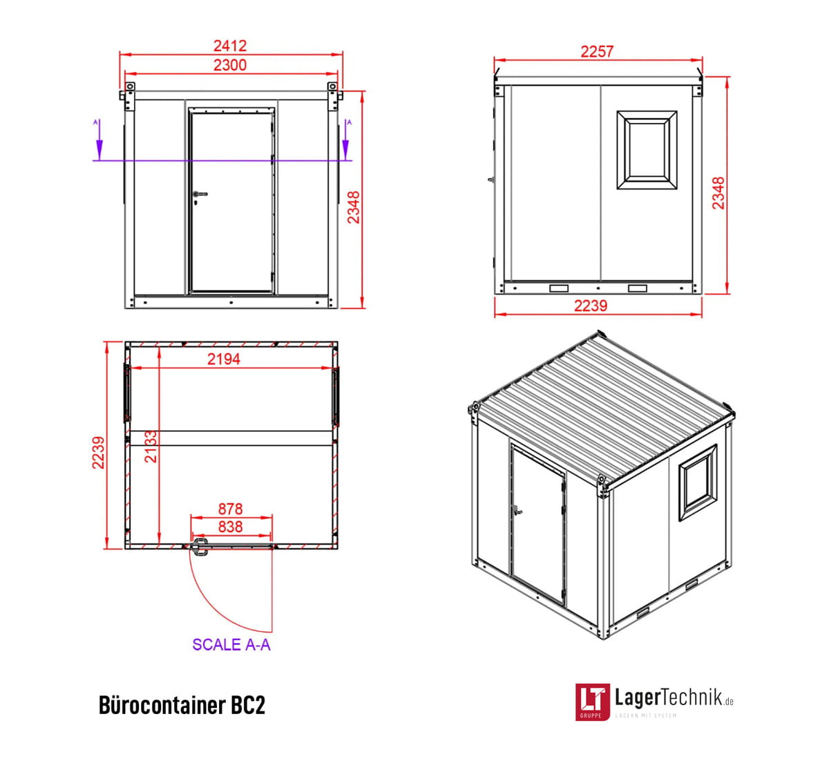 Bürocontainer BC2 RAL 9002 Grauweiß | H 2460 x B 2450 x T 2250 mm | Tür einflügelig