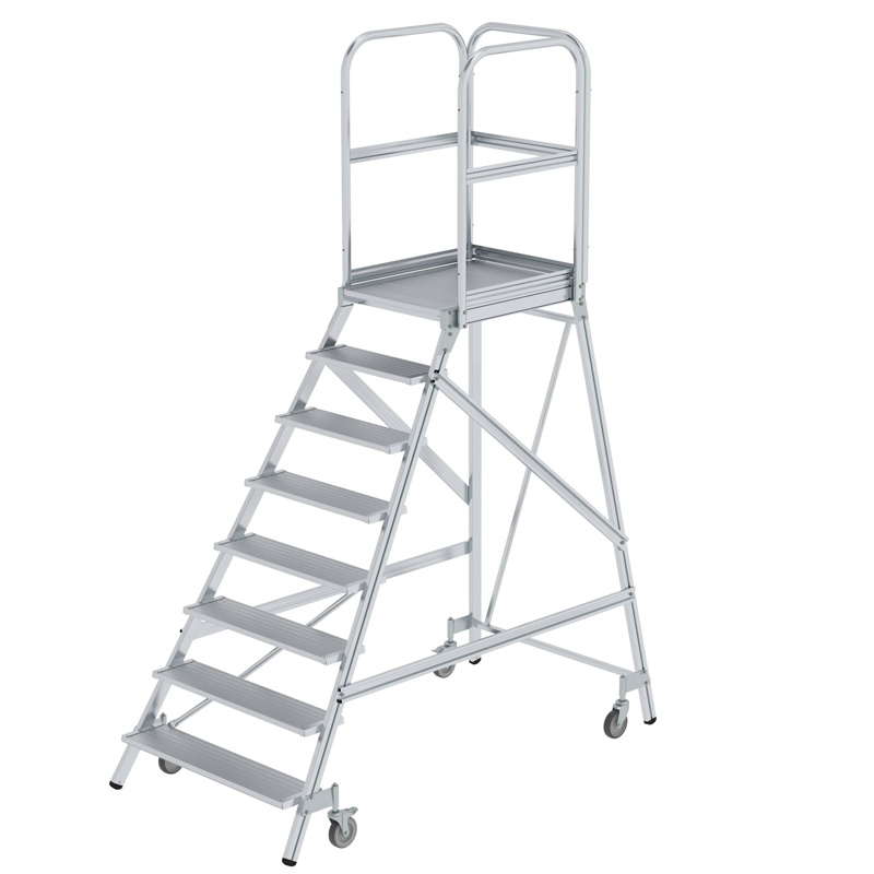Podesttreppe | Aluminium | fahrbar | Arbeitshöhe 3,90 m | einseitig begehbar | 8 Stufen
