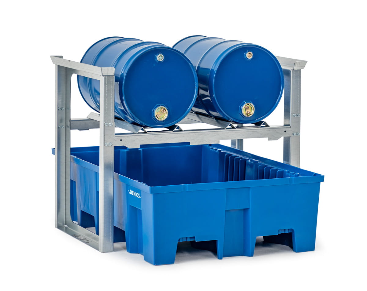 Fassregale | H 837 x T 1245 x L 1049 mm | für 2 Fässer à 60 l | Auffangwanne Kunststoff | stapelbar