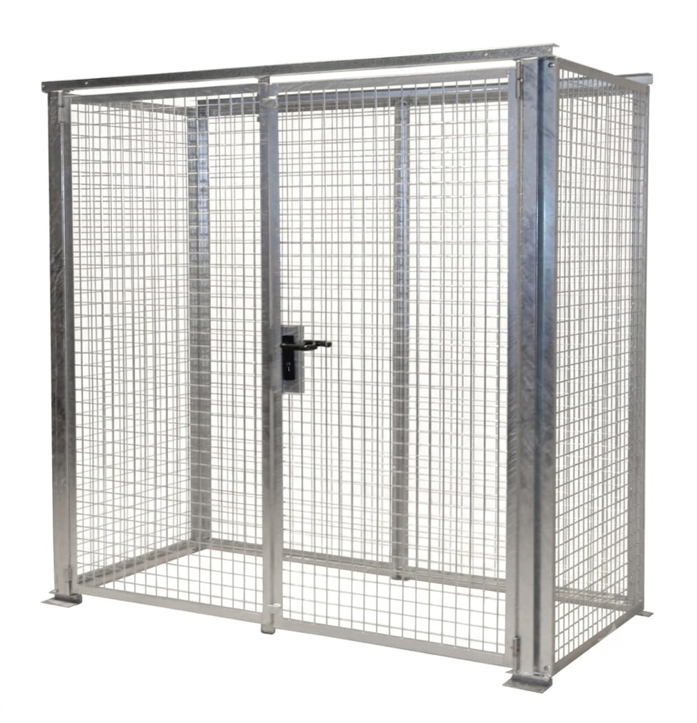 Gasflaschencontainer | Gittercontainer | H 2100 x B 1085 x L 2100 mm | ohne Dach | Doppelflügeltor | feuerverzinkt | für 32 Gasflaschen